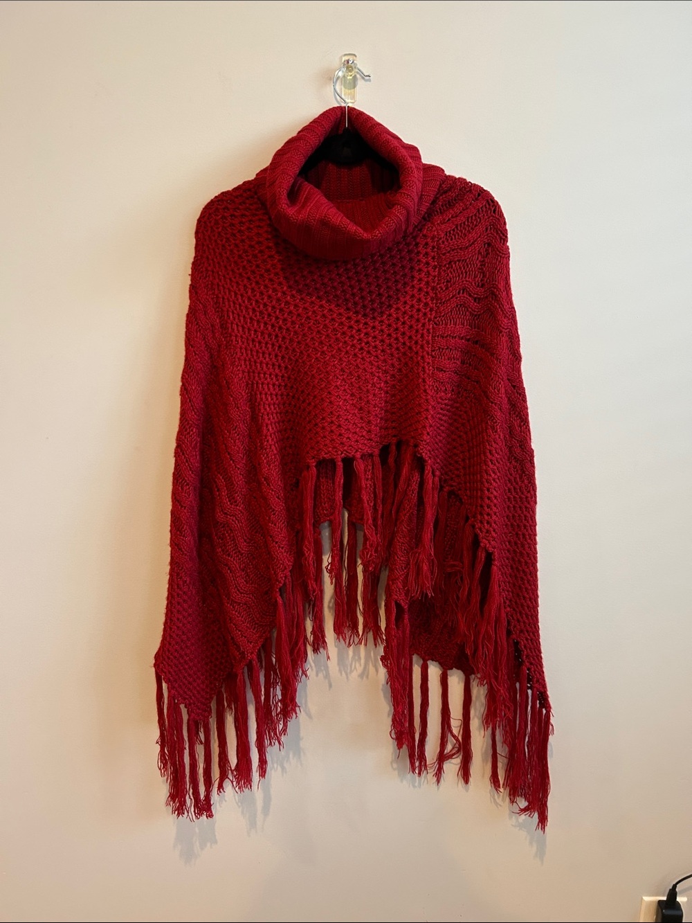 Charlotte Russe Red Turtleneck Fringe Poncho Sweater